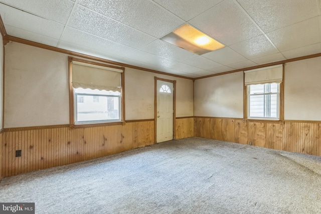 unfurnished room with wooden walls, crown molding, and a healthy amount of sunlight