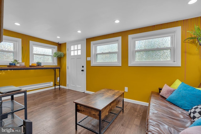 living room with hardwood / wood-style floors, a wealth of natural light, and a baseboard radiator