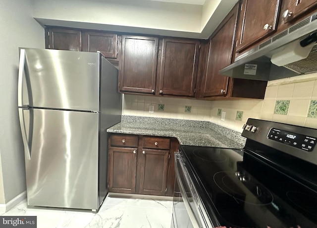 kitchen with stainless steel refrigerator, black / electric stove, backsplash, and dark brown cabinets