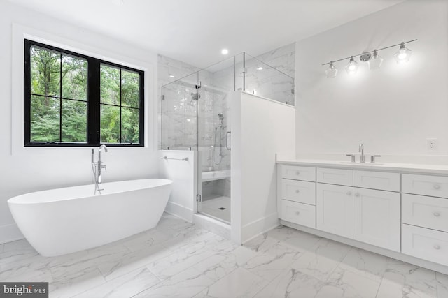 bathroom featuring vanity and independent shower and bath