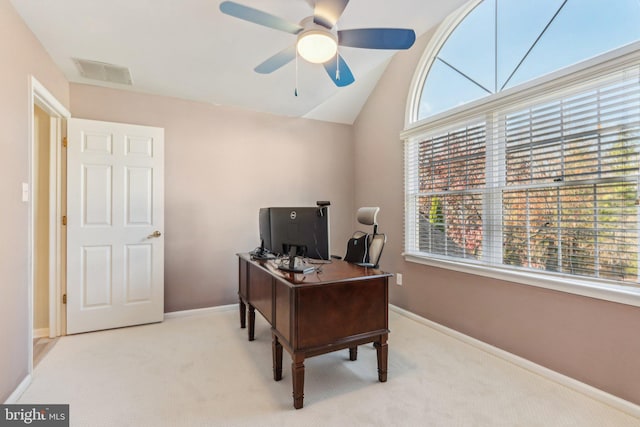 office with light carpet, ceiling fan, and lofted ceiling