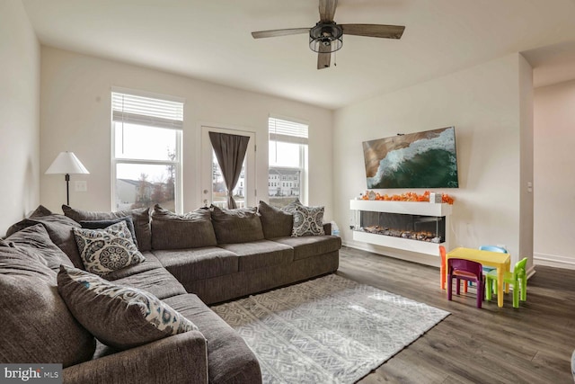 living room featuring ceiling fan and hardwood / wood-style flooring