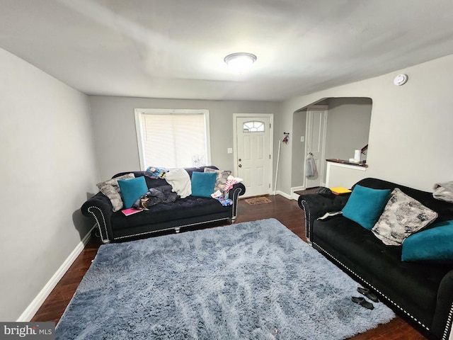 living room with dark hardwood / wood-style floors