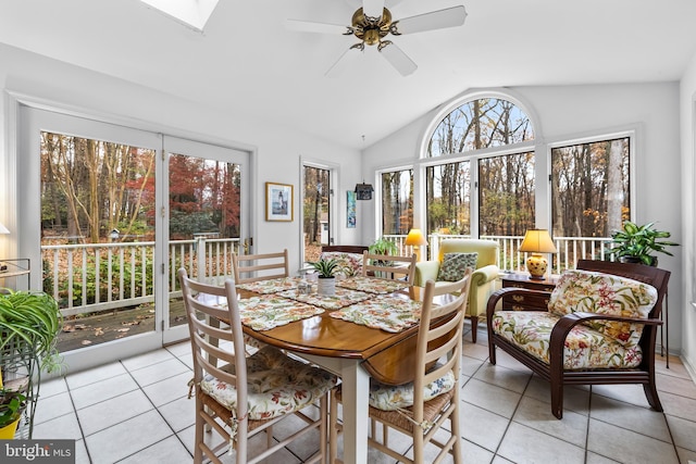 sunroom / solarium featuring vaulted ceiling with skylight and ceiling fan