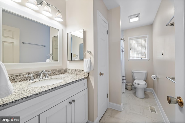 bathroom featuring toilet, vanity, visible vents, baseboards, and marble finish floor