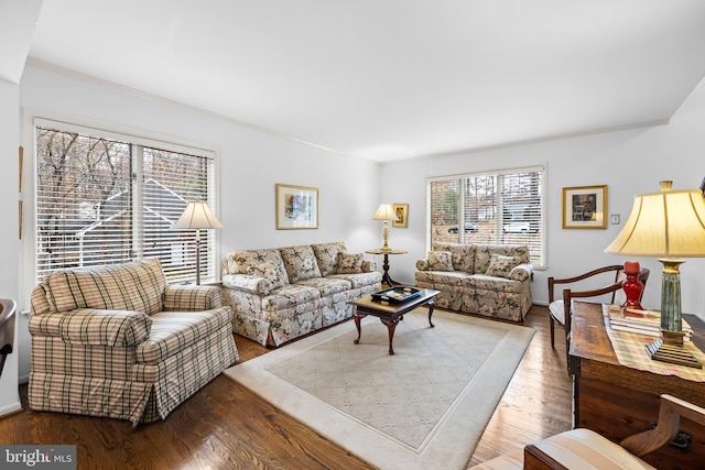 living room with plenty of natural light and wood finished floors