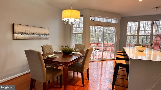 dining room with hardwood / wood-style floors and a notable chandelier