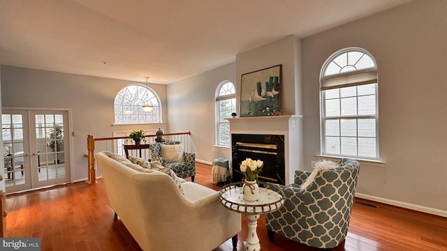 living room with french doors and hardwood / wood-style flooring