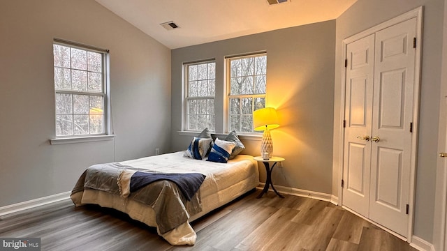 bedroom with hardwood / wood-style flooring, vaulted ceiling, a closet, and multiple windows