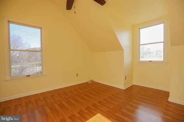 bonus room with plenty of natural light, wood-type flooring, and vaulted ceiling