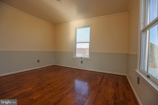 spare room with dark hardwood / wood-style flooring and crown molding