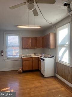 kitchen with ceiling fan, light hardwood / wood-style flooring, a healthy amount of sunlight, and white range