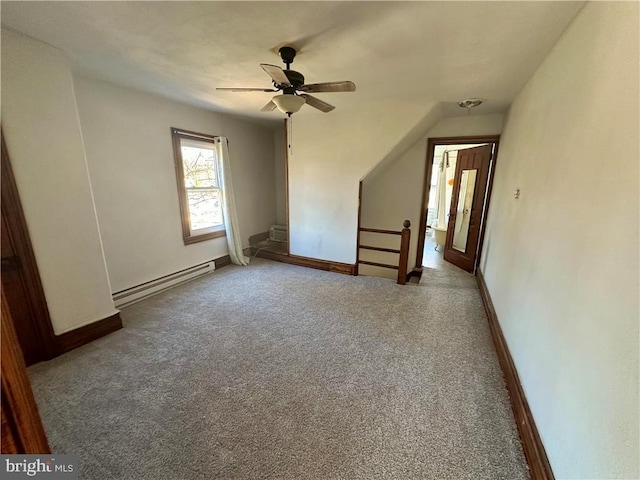 bonus room with carpet flooring, a wall mounted air conditioner, ceiling fan, and a baseboard heating unit