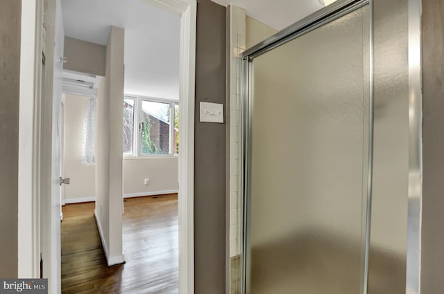 251 W Lafayette Ave, Baltimore, MD 21217 - bathroom with wood finished floors, a shower with door, and baseboards
