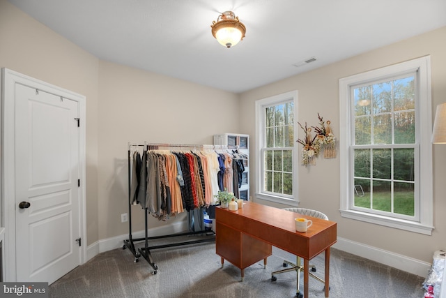 carpeted office space with visible vents and baseboards