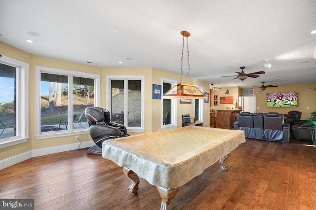 recreation room featuring dark wood-style flooring, recessed lighting, billiards, and baseboards