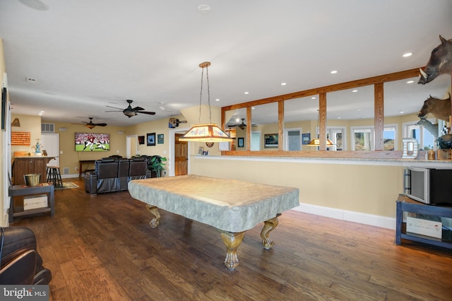 rec room featuring baseboards, billiards, wood finished floors, and recessed lighting