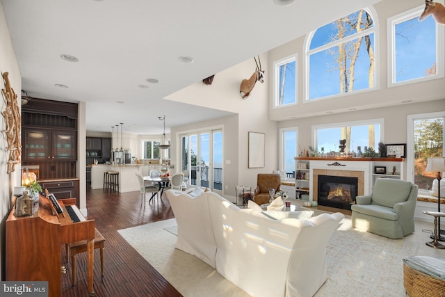 living area with a high ceiling, wood finished floors, and a glass covered fireplace