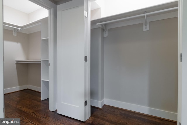 walk in closet with dark wood-style flooring