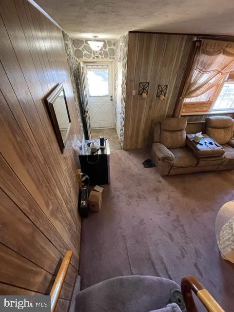 interior space with carpet flooring and wood walls