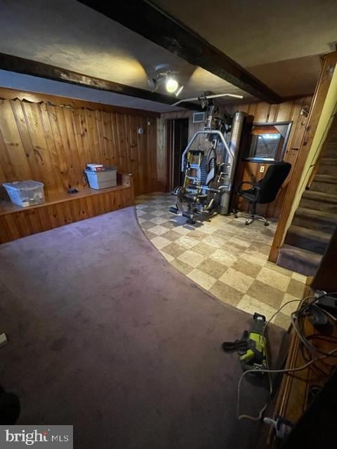 basement featuring wood walls