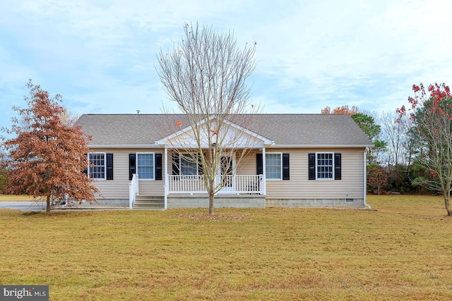 single story home with a front lawn and covered porch