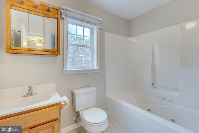 full bathroom featuring tile patterned flooring, vanity, bathtub / shower combination, and toilet