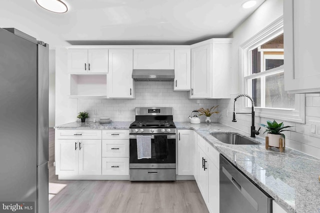 kitchen featuring white cabinetry, sink, wall chimney range hood, and stainless steel appliances