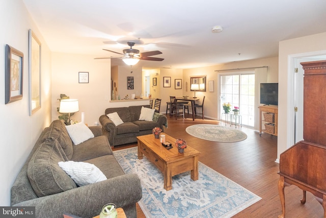 living room featuring ceiling fan and light hardwood / wood-style flooring