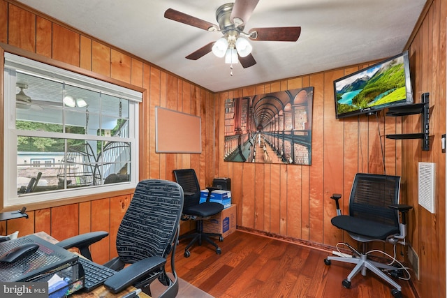 office featuring ceiling fan, dark hardwood / wood-style flooring, and wooden walls