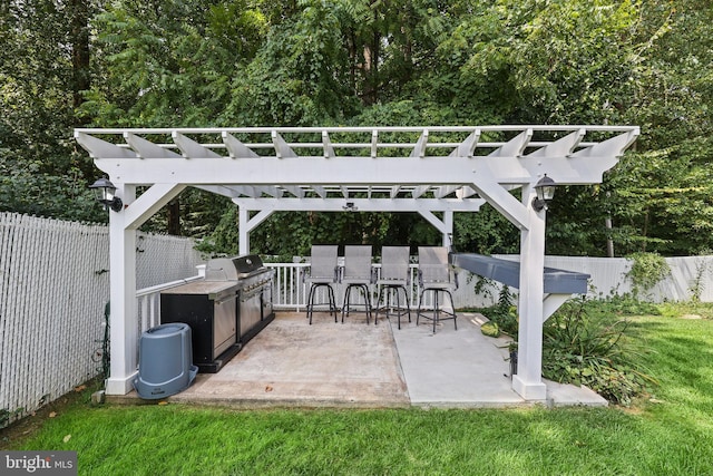 view of patio with a pergola, a grill, and an outdoor bar