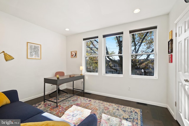 home office featuring dark hardwood / wood-style floors