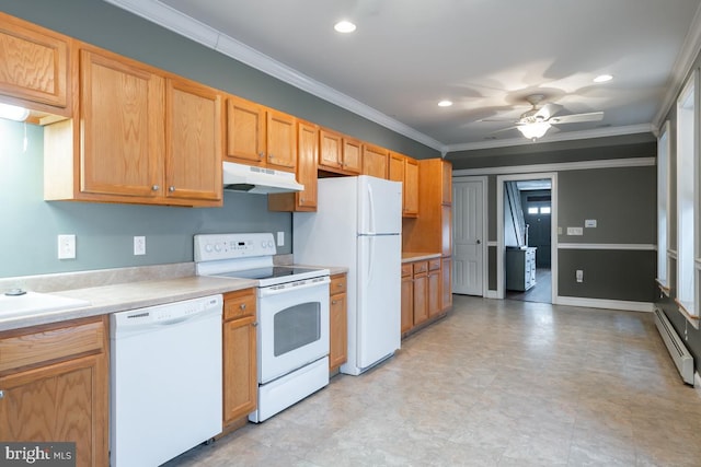 kitchen featuring white appliances, baseboard heating, ceiling fan, and ornamental molding