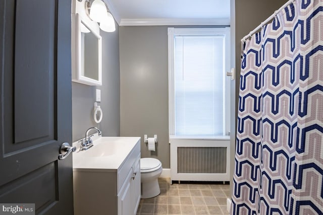 bathroom with vanity, radiator, a shower with shower curtain, toilet, and ornamental molding