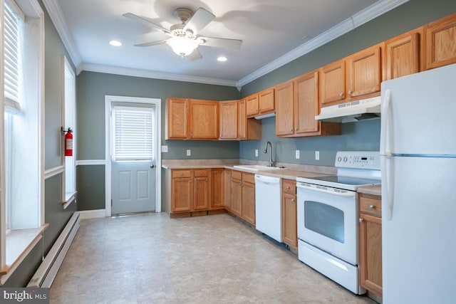 kitchen featuring white appliances, a baseboard radiator, plenty of natural light, and sink