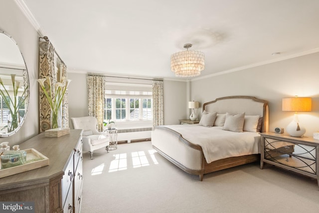 bedroom with ornamental molding, light colored carpet, a notable chandelier, and radiator heating unit