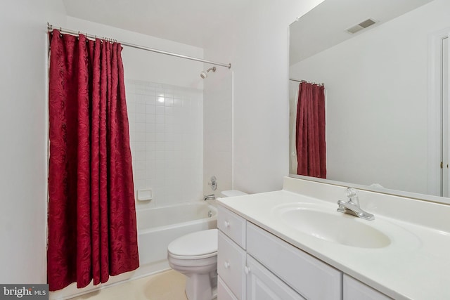 full bathroom with vanity, toilet, and shower / bathtub combination with curtain