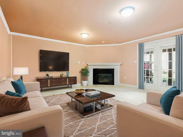 carpeted living room featuring ornamental molding