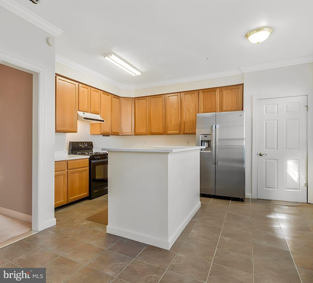 kitchen featuring stainless steel refrigerator with ice dispenser, black stove, tile patterned floors, ornamental molding, and a center island