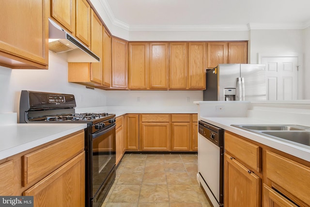 kitchen featuring stainless steel fridge, white dishwasher, crown molding, and black range with gas cooktop