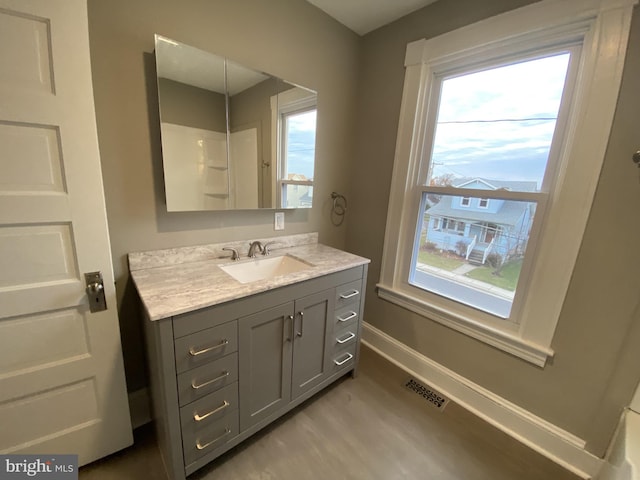 bathroom featuring hardwood / wood-style floors, vanity, and plenty of natural light