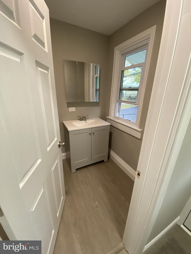 bathroom with vanity and hardwood / wood-style flooring