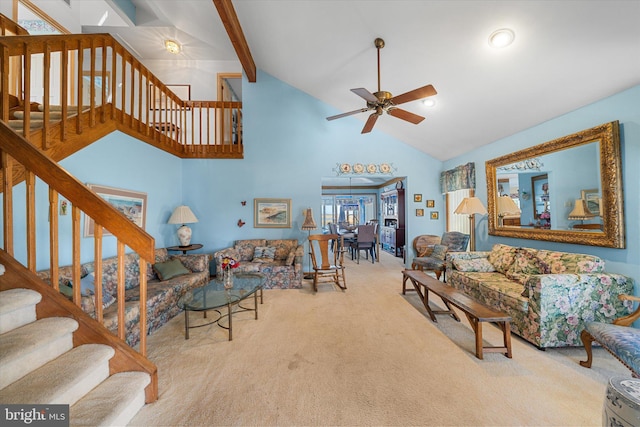 66 Pelican Dr, Avalon, NJ 08202 - carpeted living room featuring ceiling fan, stairway, high vaulted ceiling, and beamed ceiling