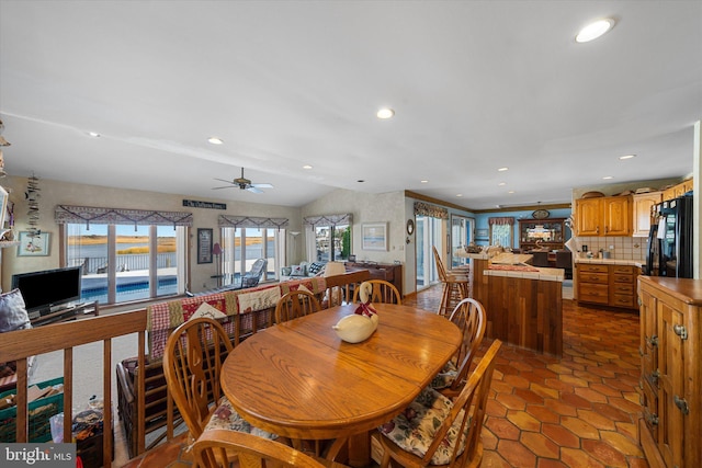66 Pelican Dr, Avalon, NJ 08202 - dining space featuring vaulted ceiling, recessed lighting, and ceiling fan