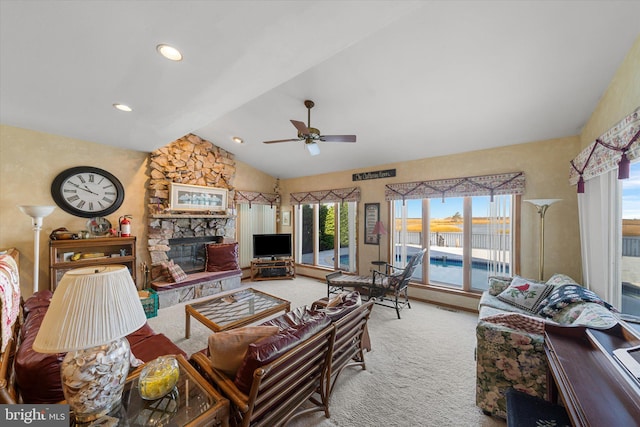 66 Pelican Dr, Avalon, NJ 08202 - living area with carpet flooring, ceiling fan, lofted ceiling, a fireplace, and recessed lighting