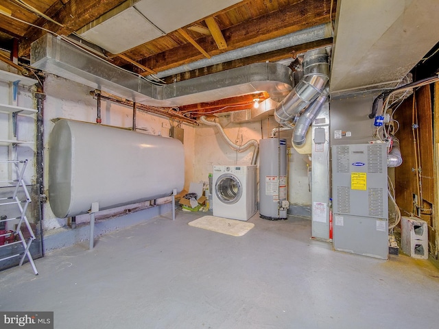 unfinished below grade area with heating unit, washer / dryer, gas water heater, and heating fuel