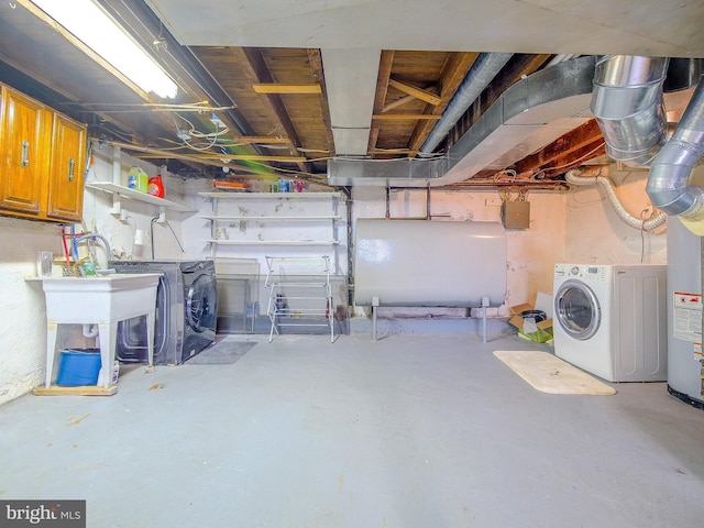 unfinished below grade area with electric panel, washing machine and dryer, and heating fuel