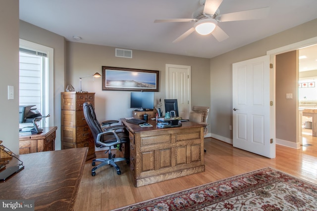 office area with ceiling fan and light hardwood / wood-style floors