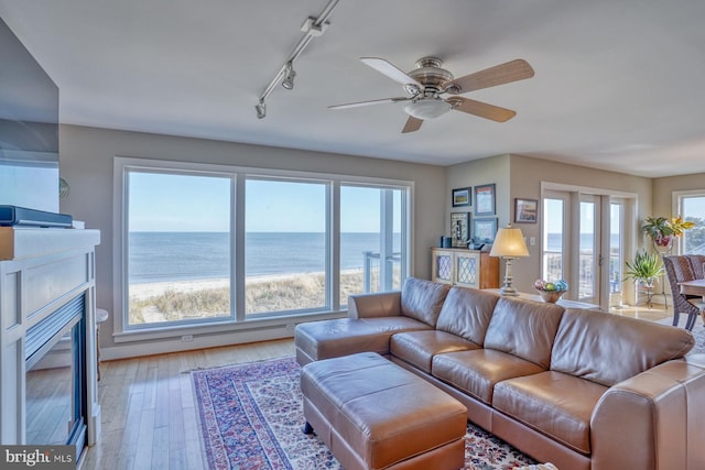 living room featuring light hardwood / wood-style flooring, a water view, and a healthy amount of sunlight