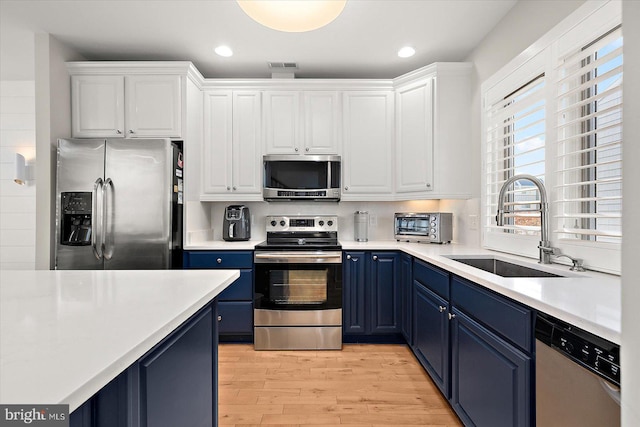 kitchen featuring blue cabinetry, white cabinetry, sink, and appliances with stainless steel finishes